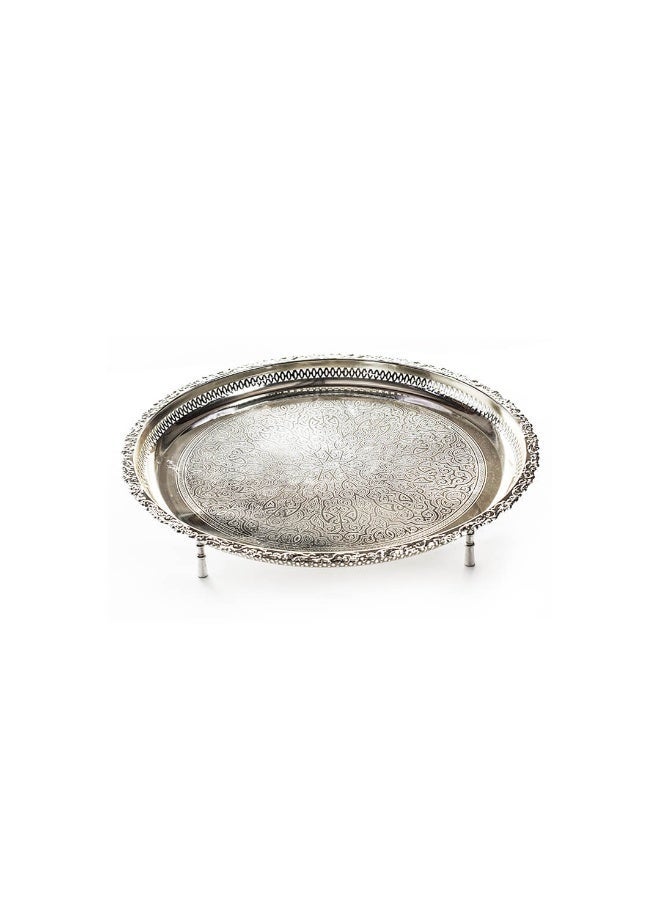 Si Bonne Elegant Round Silver Decorative Tray with Raised Stand and Ornate Engraved Design - Image 1